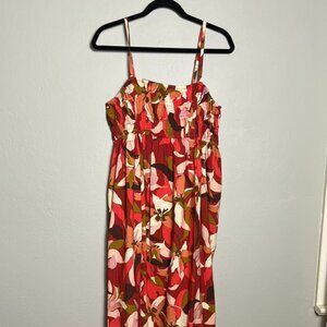 A New Day Maxi Dress Large Red Orange Floral Smocked Sun Dress Resort Summer